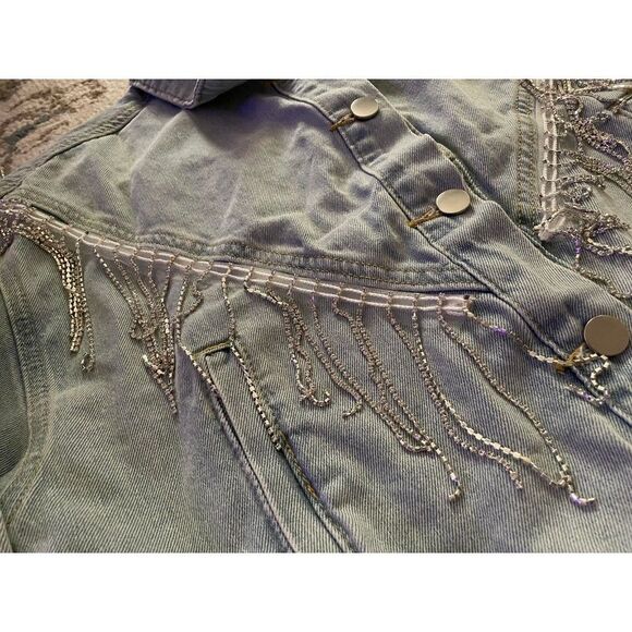 Denim Coat Jacket Women Medium Cropped Rhinestone Distressed Fringe Cowgirl - Picture 7 of 10